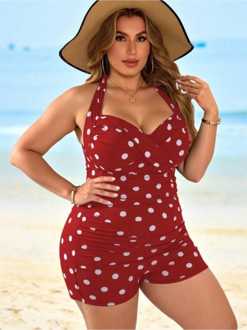 NEW ❤️ Red & White Polka Dot Halter Swimdress Romper | Plus Size 3x